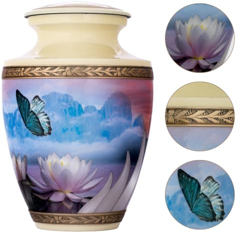 Women Butterfly Urn for Ashes 200 Cubic Inches Cream Metal Flower Design Velvet Bag Anti-Scratch Felt Bottom