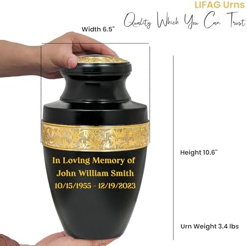 Custom Engraved Black and Gold Urn for Ashes