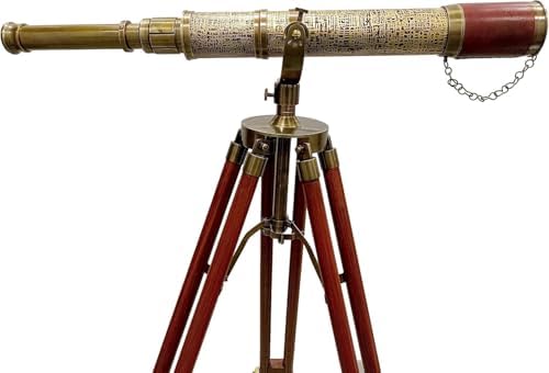 Nautical Handmade Telescope with Brown Leather and Wooden Tripod