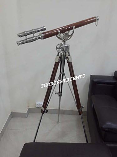 Vintage Brass Double Barrel Telescope with Wooden Tripod