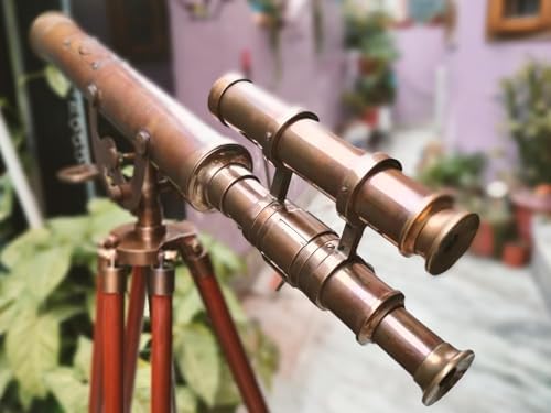 Antique Brass Telescope with Mahogany Tripod - 43 Inch Floor Standing Decorative Nautical Instrument 15X Magnification