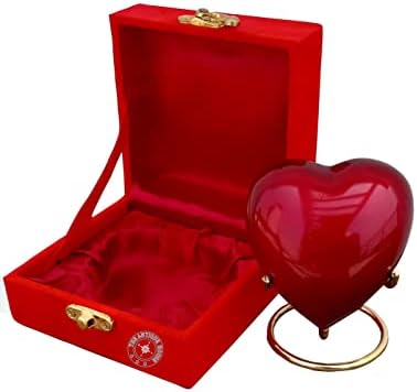 Red Heart Cremation Urn with Brass Stand and Velvet Box
