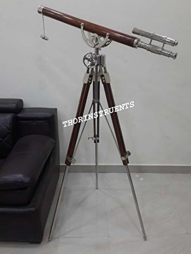 Vintage Brass Double Barrel Telescope with Wooden Tripod