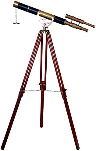Maritime Antique Brass Double Barrel Telescope with Wooden Tripod