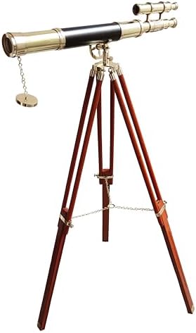 Navy Vintage Telescope with Brass Finish and Wooden Tripod