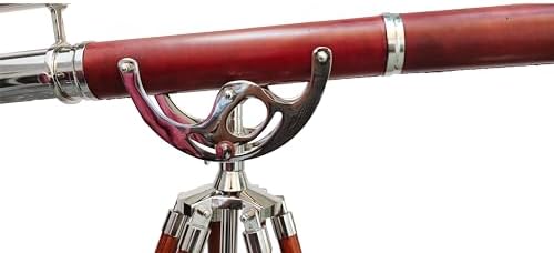 Nautical Vintage Double Barrel Telescope with Brass Mount and Brown Wooden Tripod