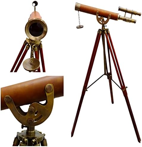 Antique Brass Telescope with Leather Cover and Wooden Tripod