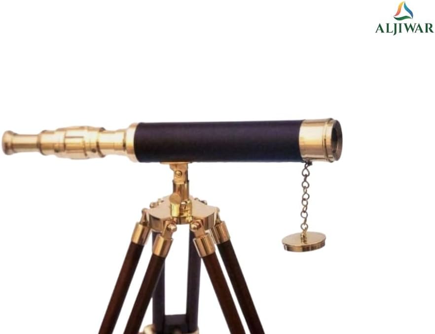 Vintage Brass Telescope with Leather Cover and Wooden Tripod Stand