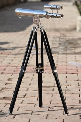 Nautical Brass Double Barrel Telescope with Wooden Tripod Stand