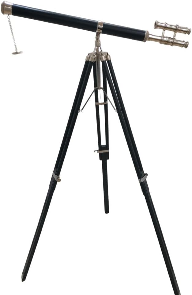 Vintage Chrome Telescope with Black Leather and Brass Scope on Adjustable Tripod Decorative Nautical Accent