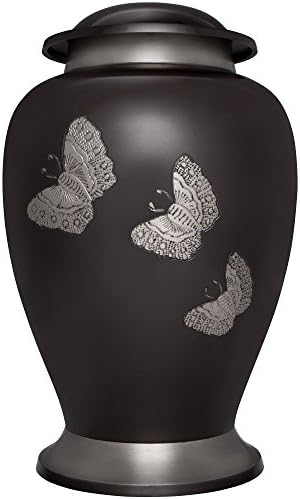 Black Brass Funeral Urn with Engraved Butterflies Papillon Model