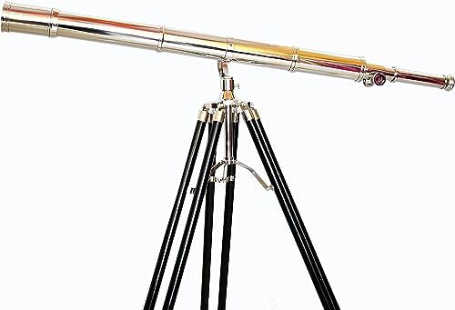 Chrome Nickel Nautical Telescope Floor Standing Wooden Tripod Stand