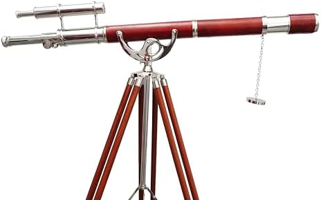 Nautical Vintage Double Barrel Telescope with Brass Mount and Brown Wooden Tripod