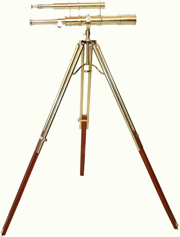 Vintage Telescope with Shiny Brass Finish and Wooden Tripod