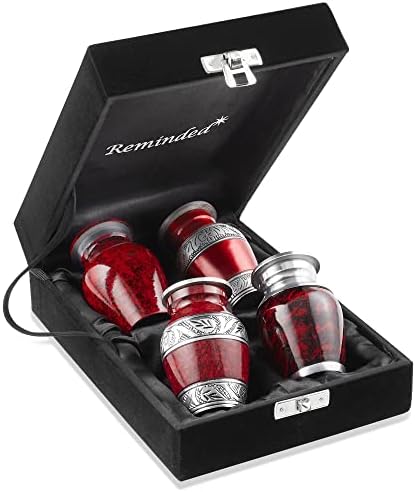 Reminded Miniature Cremation Urns Set of 4 Red and Silver with Velvet Case