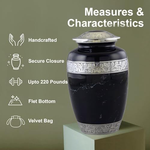 Black Urns for Human Ashes Large Handcrafted Urn with Velvet Bag