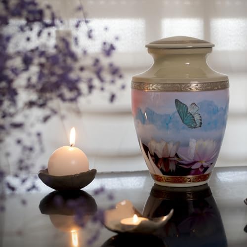 Women Butterfly Urn for Ashes 200 Cubic Inches Cream Metal Flower Design Velvet Bag Anti-Scratch Felt Bottom