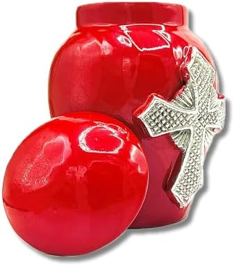 Red Cremation Urn for Ashes - 5 Decorative Aluminium Cross with Velvet Bag