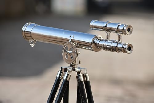 Nautical Brass Double Barrel Telescope with Wooden Tripod Stand