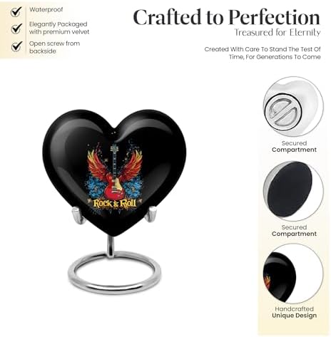 Guitar Mini Urn for Human Ashes - Black with Wings