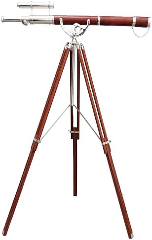 Nautical Vintage Double Barrel Telescope with Brass Mount and Brown Wooden Tripod
