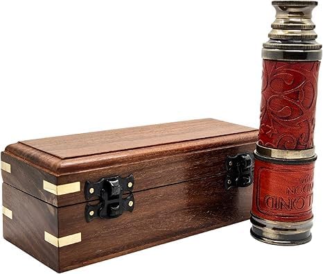 Vintage Brass Telescope with Red Leather Case and Wooden Box