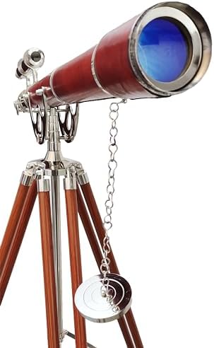 Nautical Vintage Double Barrel Telescope with Brass Mount and Brown Wooden Tripod