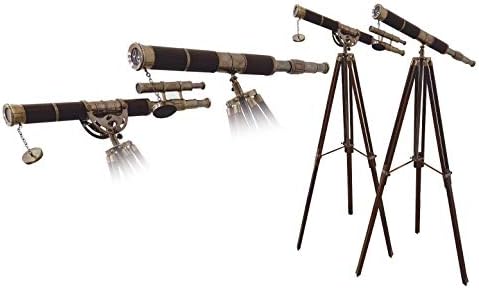 Vintage Decorative Brass Telescope Brown Leather Single Double Barrel Antique Tripod Set