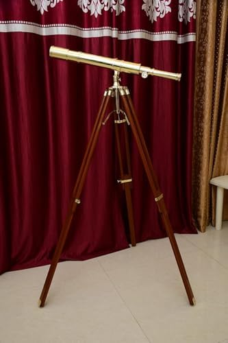 Vintage Brass High Magnification Telescope with Adjustable Wooden Tripod