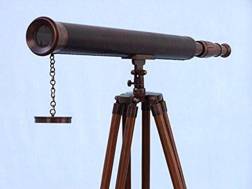 Hampton Nautical Floor Standing Antique Copper Leather Harbor Master Telescope 60 Inch