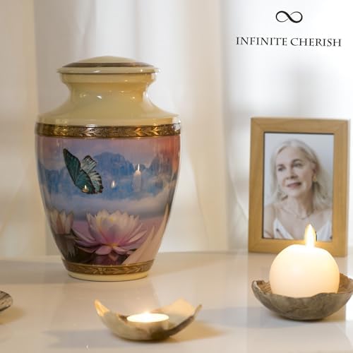 Women Butterfly Urn for Ashes 200 Cubic Inches Cream Metal Flower Design Velvet Bag Anti-Scratch Felt Bottom