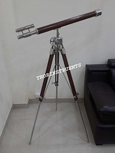 Vintage Nautical Brass Telescope with Wooden Tripod Stand