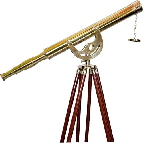 Handmade Shiny Brass Telescope Floor Standing Wooden Tripod Home Decor