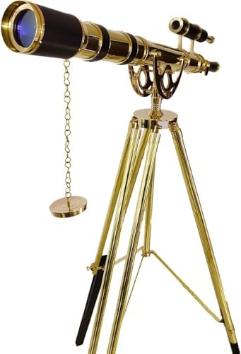 Royal Vintage Floor Standing Brass Telescope with Black Leather and Wooden Tripod