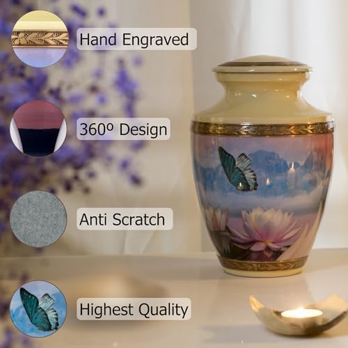 Women Butterfly Urn for Ashes 200 Cubic Inches Cream Metal Flower Design Velvet Bag Anti-Scratch Felt Bottom