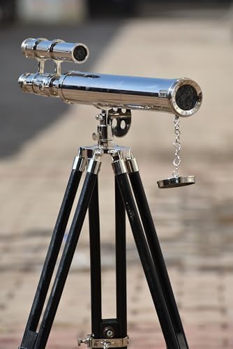 Nautical Brass Double Barrel Telescope with Wooden Tripod Stand