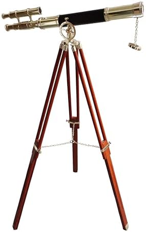 Navy Vintage Telescope with Brass Finish and Wooden Tripod