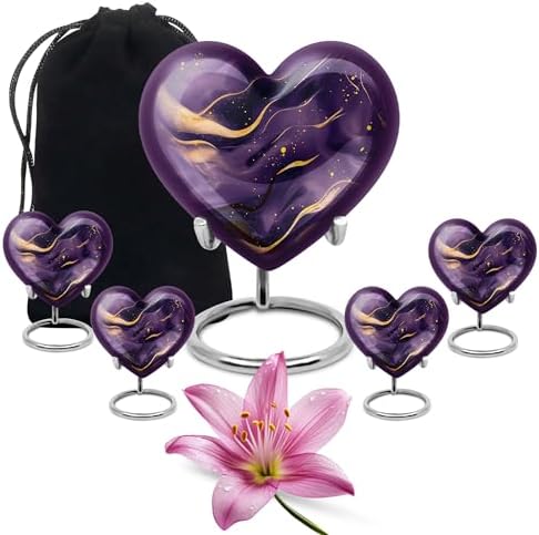 Dark Purple and Gold Design Large Urn for Ashes - 10 Inch 200Lbs and 3 Inch 4 Keepsake Urns Set