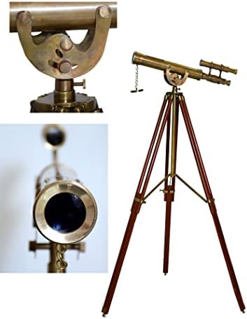 Victorian Antique Telescope with Brass Double Barrel and Wooden Tripod Stand