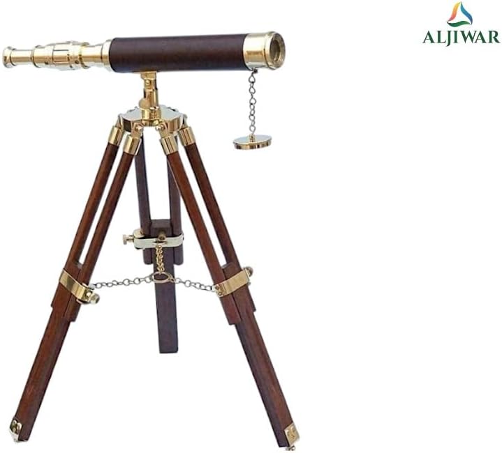 Vintage Brass Telescope with Leather Cover and Wooden Tripod Stand