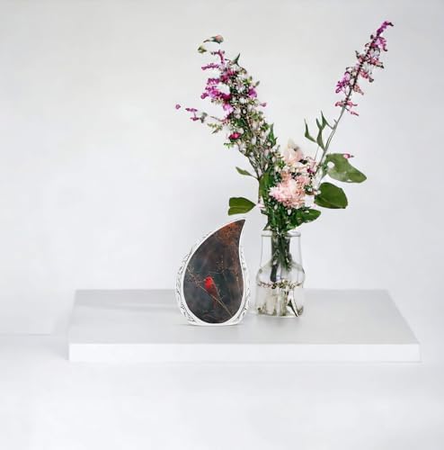 Red Cardinal Bird Dark Teardrop Cremation Urn 3 Inch