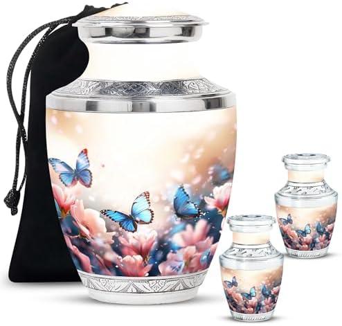 Butterflies in Blossoms Decorative Urns Set - 10 Inch Funeral Urn with 2 Mini Keepsake Urns
