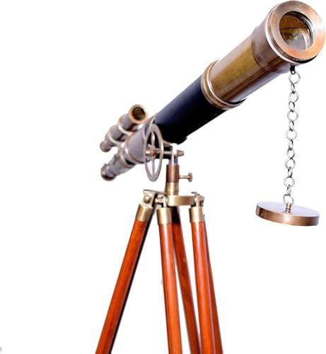 Vintage Marine Brass Telescope Double Barrel Floor Standing Wooden Tripod Decor