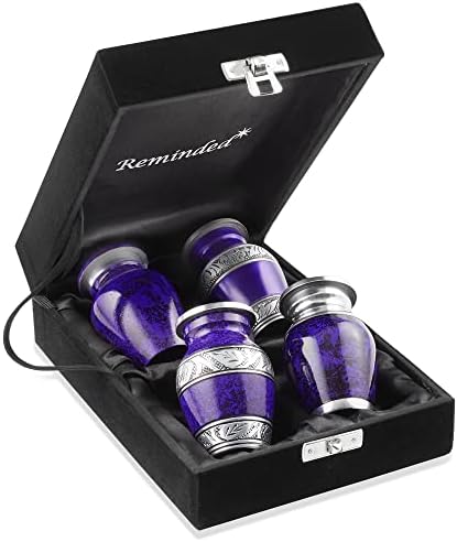 Reminded Miniature Cremation Urns Set of 4 Purple Silver with Velvet Case