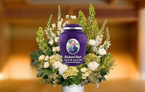 Personalized Photo Cremation Urn for Adult Ashes - 200lbs Custom Burial Urn with Engraving and Velvet Bag Purple