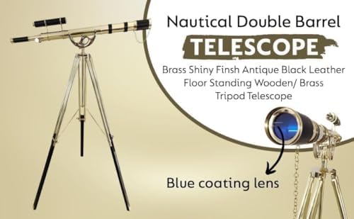 Royal Vintage Floor Standing Brass Telescope with Black Leather and Wooden Tripod