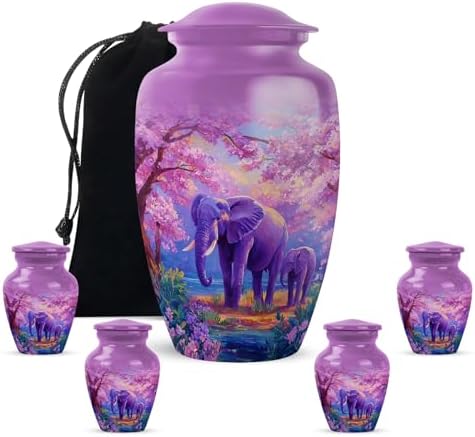 YATHSHA Elephant Urns Set of 5 for Human Ashes - Purple White Decorative Urns for Men Women