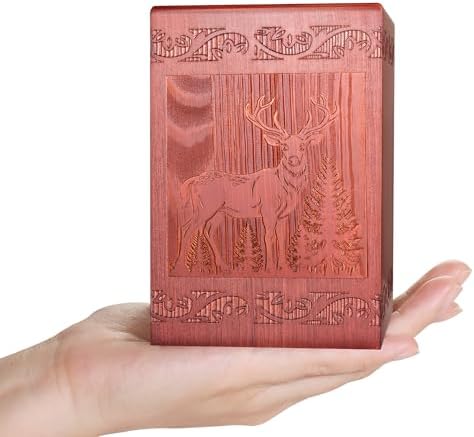 Wooden Cremation Urn for Human Handmade Engraved Deer Decorative Box