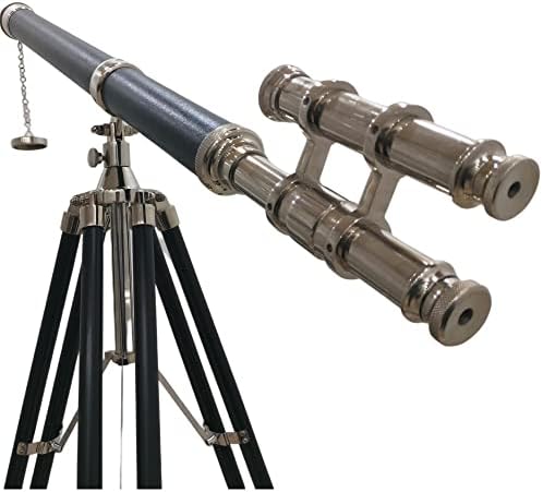 Vintage Chrome Telescope with Black Leather and Brass Scope on Adjustable Tripod Decorative Nautical Accent