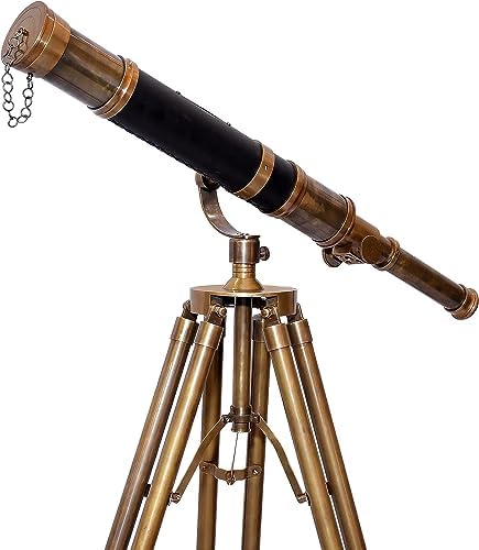 Vintage Marine Navy Solid Brass Telescope with Wooden Tripod Stand